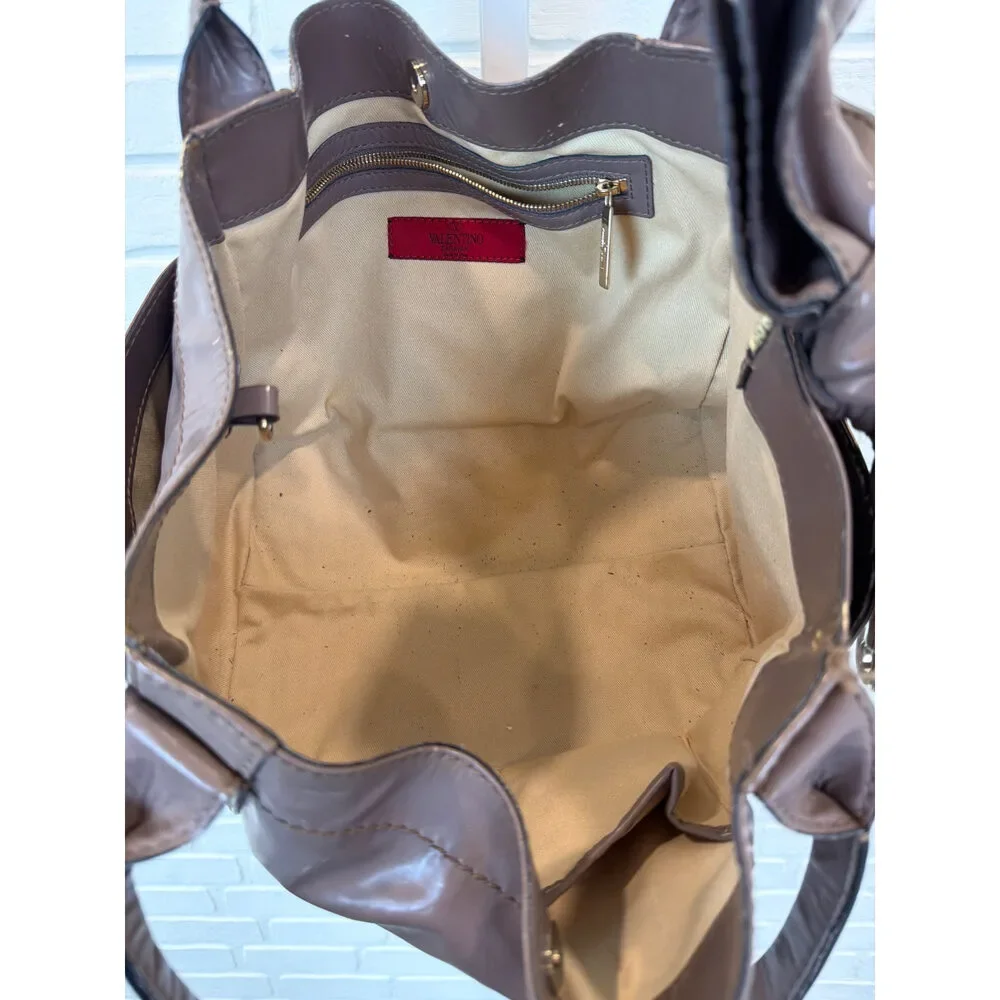 Valentino Garavani Bow Tote Taupe Patent Leather Shoulder Bag